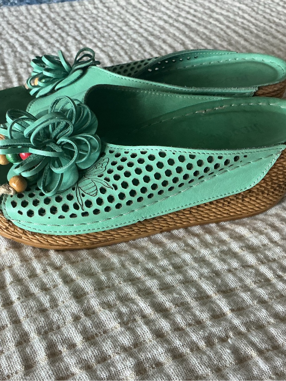 Turquoise Perforated Floral-Accent Wedge Mules